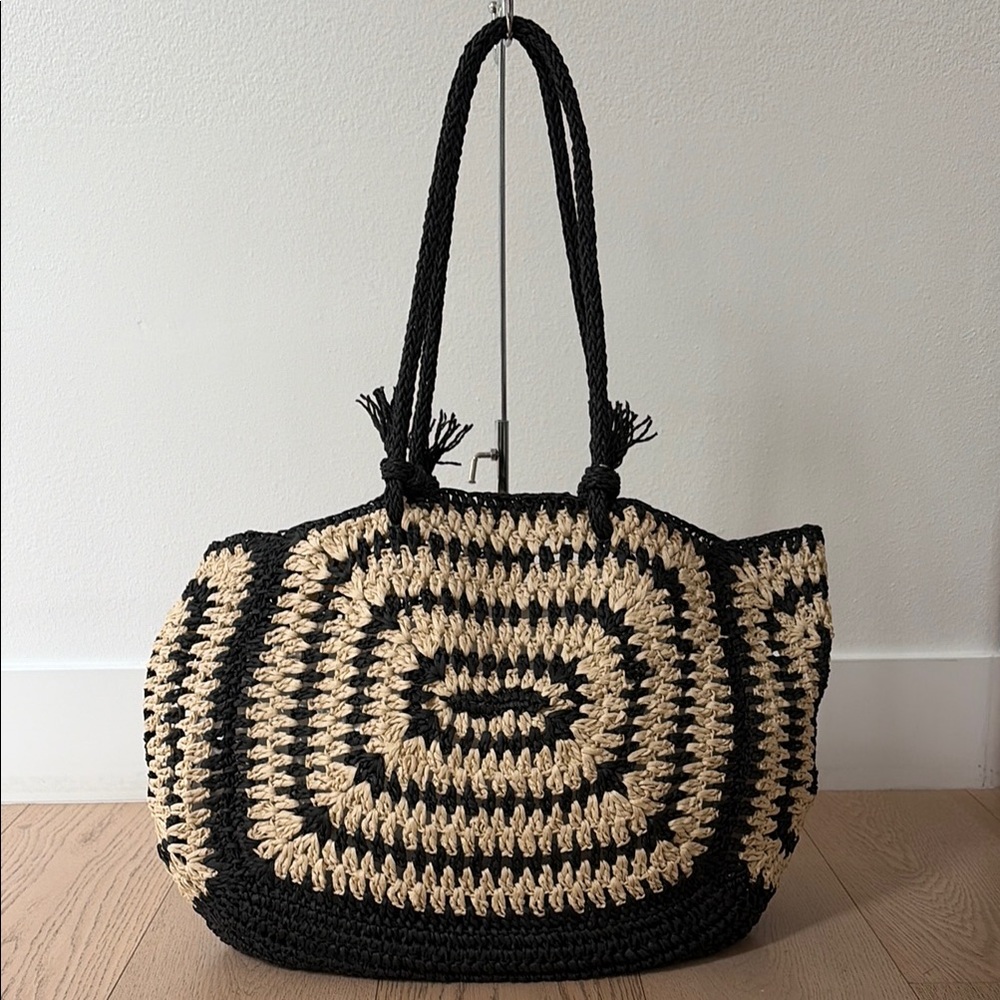 Black and Cream Woven Boho Tote Bag